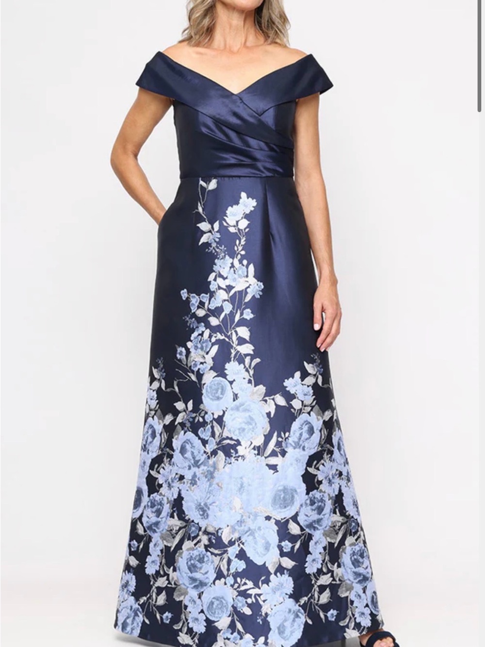 Alex Evenings Navy One-Shoulder Floral Evening Gown - Picture 2 of 9